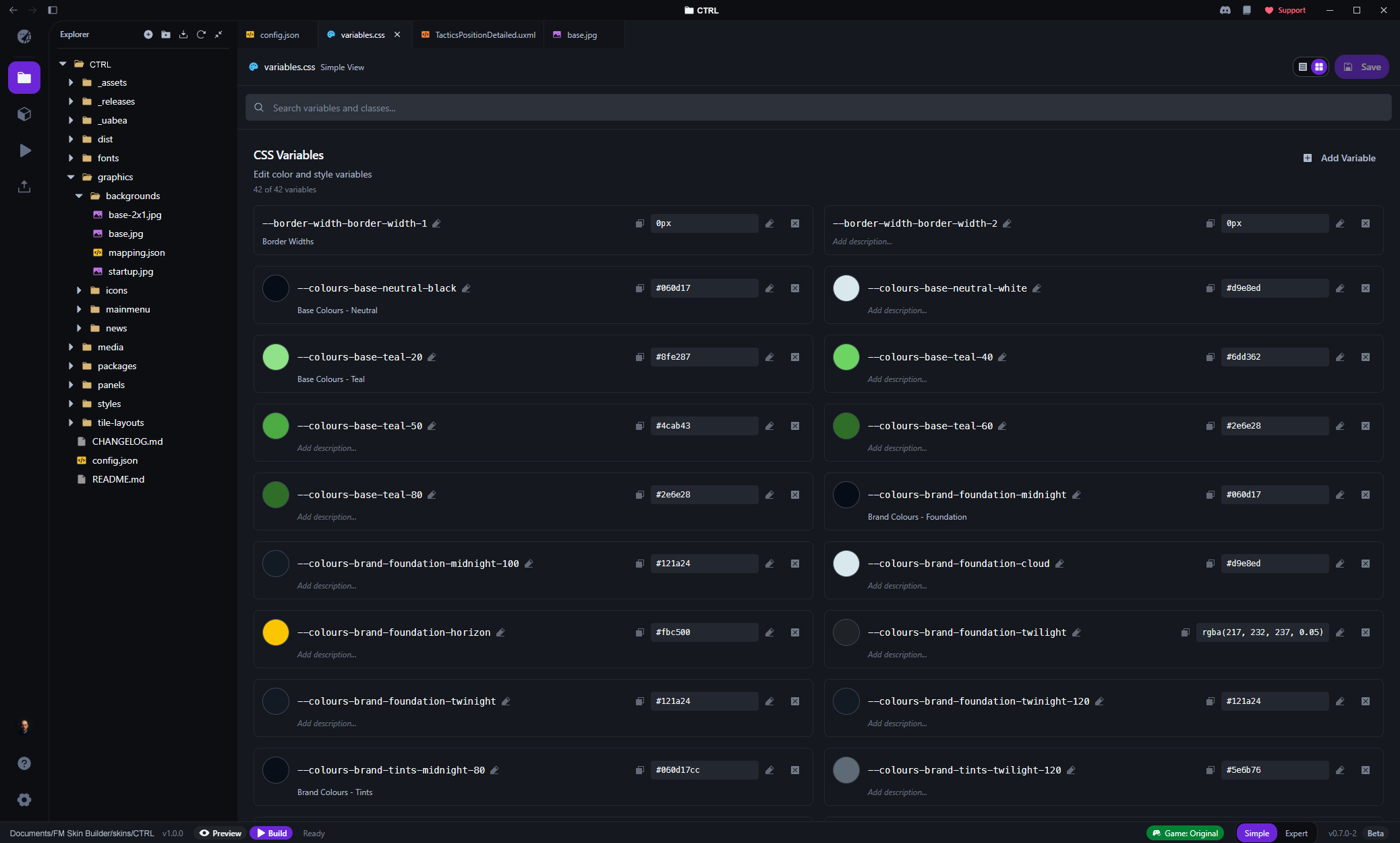 FM Skin Builder app showing the CSS variables editor with colour tokens and project files.
